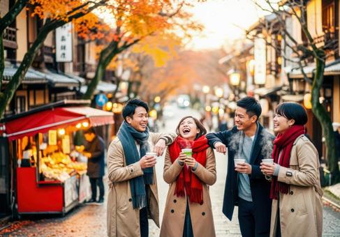 秋の旅先で楽しむ若者たち 秋の旅先で楽しむ若者たちの写真