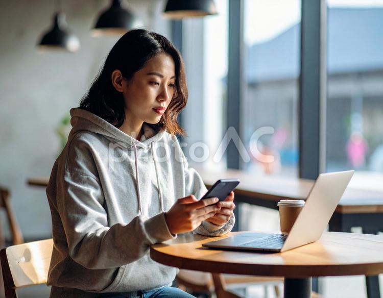 カフェで仕事をするビジネスウーマン 女性,カフェ,仕事の写真素材