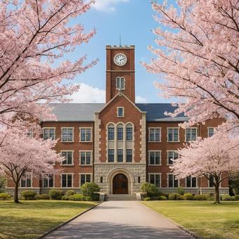 桜に映える時計台校舎 桜に映える時計台校舎の写真