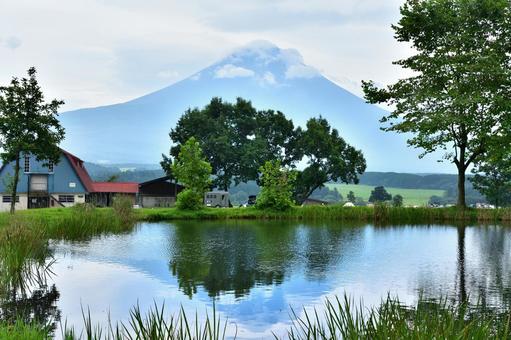 池に映る逆さ富士と夏の富士山 池に映る逆さ富士と夏の富士山 風景,キャンプ,カーサイドの写真素材