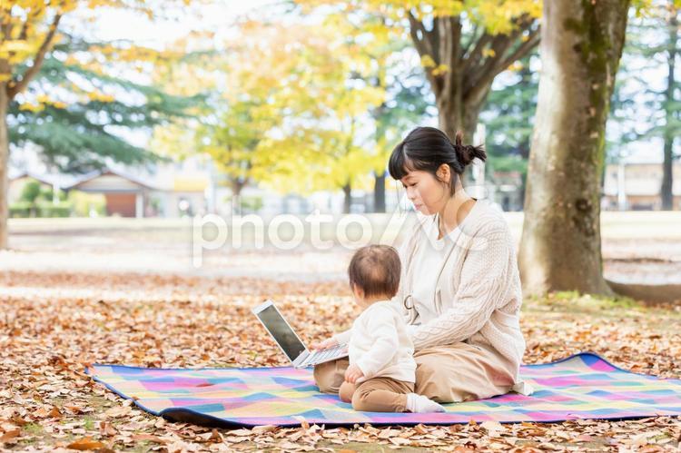 秋の公園でママとノートパソコンで遊ぶ赤ちゃん ワーケーション,親子,テレワークの写真素材