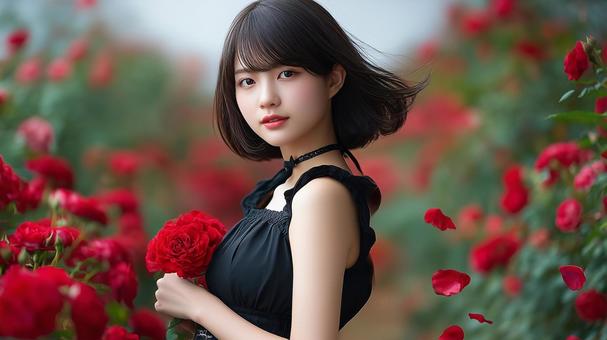 薔薇園と黒髪の女性の写真