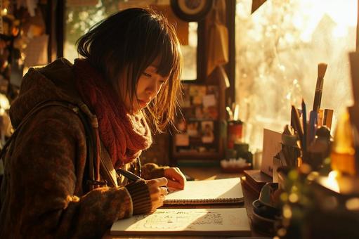 A sketch of the future unfolding beyond the window, thinking, creative, female, JPG