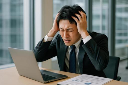 考え込む若手社員 考え込む若手社員の写真