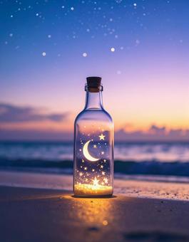 月と星のボトルと夜明けの海辺 月と星のボトルと夜明けの海辺の写真