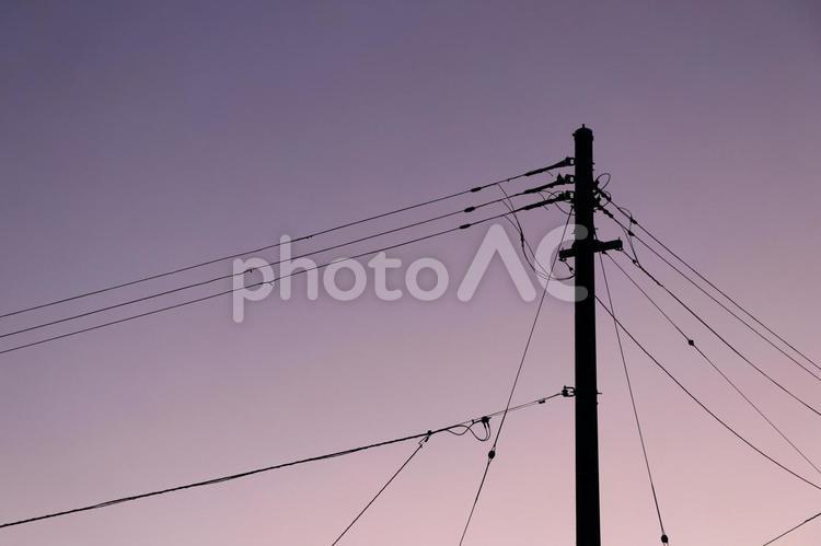 夕焼け　電線　シルエット 夕焼け,電柱,電線の写真素材