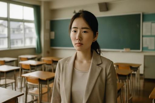 教室で立つ女性 教室で立つ女性の写真