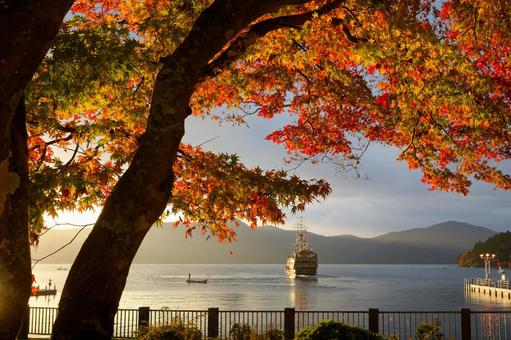 芦ノ湖　紅葉　夕日 夕日,秋,もみじの写真素材