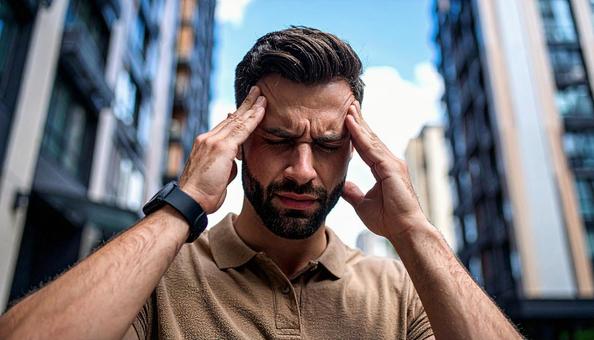 頭を抱えて悩む外国人男性の写真
