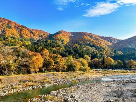 秋色に染まる山々と手前に流れる小川 山,川,秋の写真素材