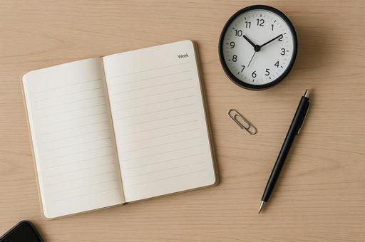 アナログ時計とスケジュール帳 アナログ時計とスケジュール帳の写真