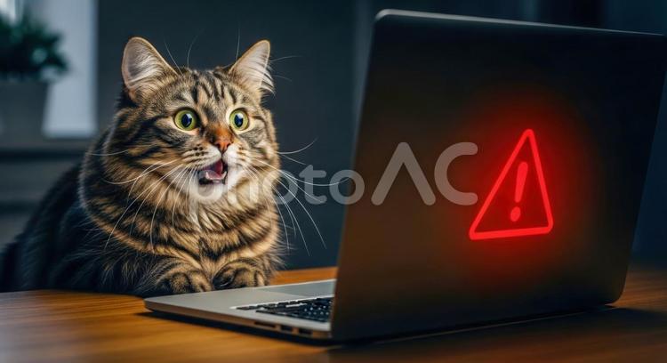 パソコンのエラーメッセージに驚く猫 猫,驚き,ショックの写真素材