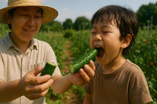 畑でキュウリ丸かじり 畑でキュウリ丸かじりの写真