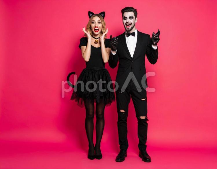 パーティーを盛り上げる陽気な猫と骸骨 ハロウィン,大人,コスプレの写真素材