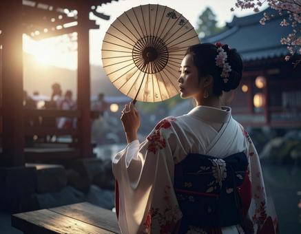 日本の和傘をまとう女性 日本の和傘をまとう女性の写真
