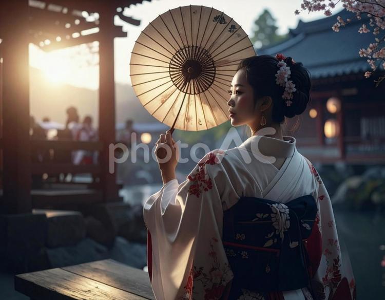 日本の和傘をまとう女性 着物,女性,和傘の写真素材