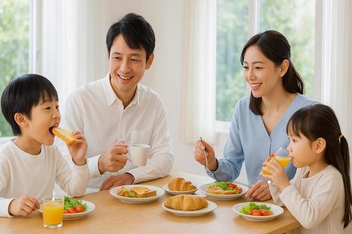 朝食を囲む笑顔の家族・朝の時間の食卓 朝食を囲む笑顔の家族・朝の時間の食卓の写真