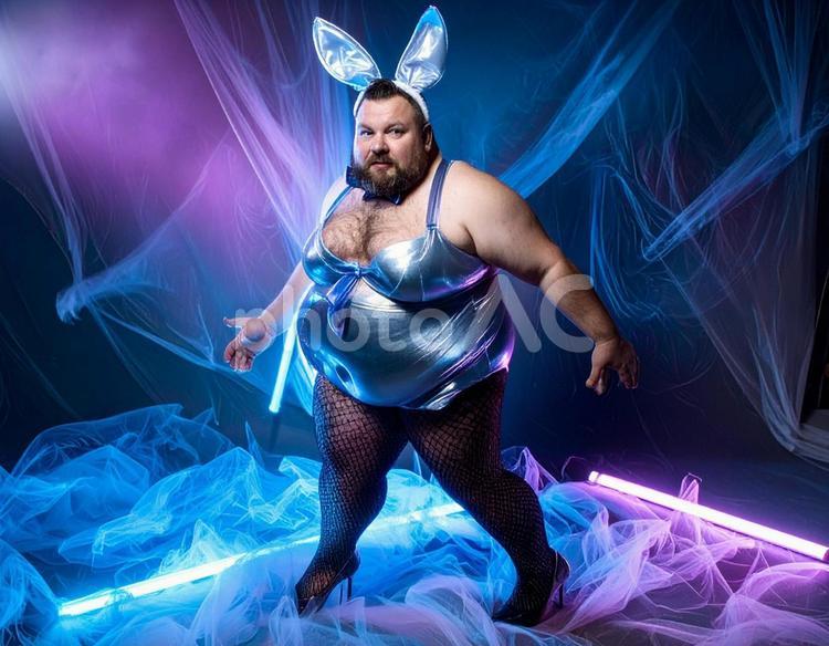 ポーズをとるバニーコスプレ男性 バニーガール,男性,中年の写真素材