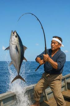 船から一匹の巨大のマグロを釣り上げる漁師 船から一匹の巨大のマグロを釣り上げる漁師の写真
