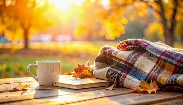 晩秋の読書・公園・コーヒーと本、ひざ掛けの写真