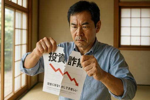 投資詐欺パンフ破る男性 投資詐欺パンフ破る男性の写真