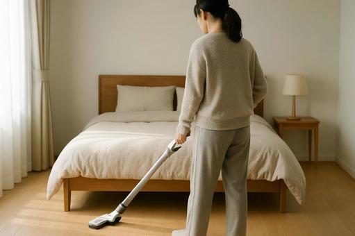 掃除をする女性 掃除をする女性の写真