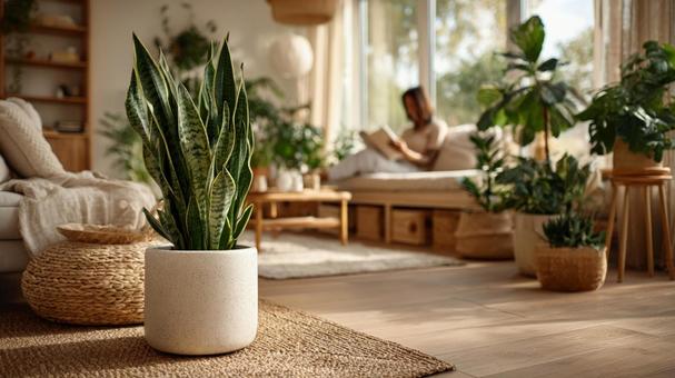 観葉植物が彩るモダンなリビング空間の写真