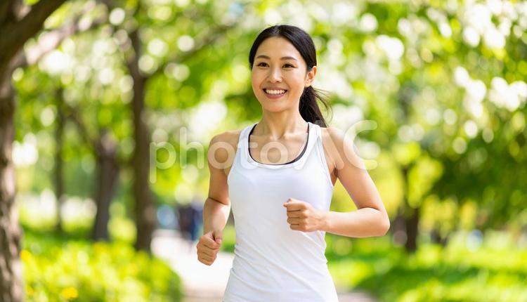 夏の公園でジョギングする若い日本人女性 女性,ジョギング,ランニングの写真素材