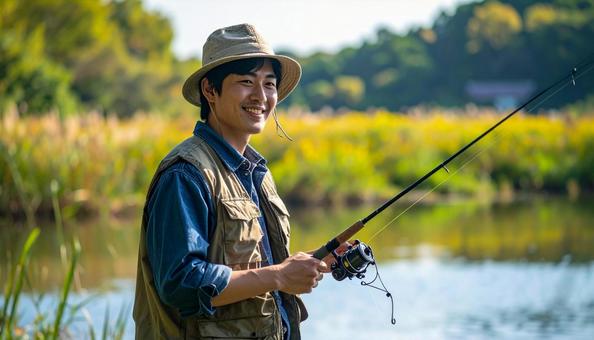 湖で釣りする若い男性 湖で釣りする若い男性の写真