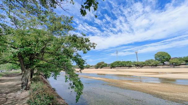 Photo, aosha river, imabari city, blue sky, 
