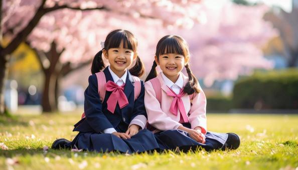 芝生に座って笑顔の日本人姉妹 芝生に座って笑顔の日本人姉妹の写真