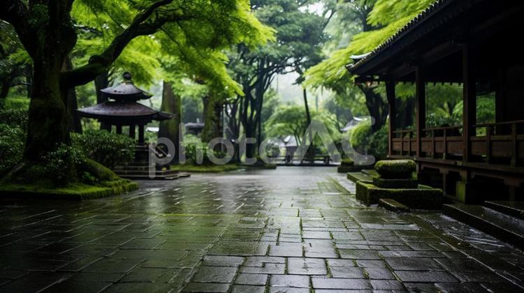 雨の降る境内 雨,境内,自然の写真素材