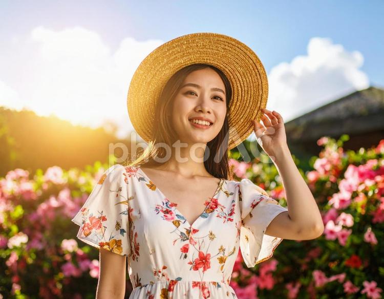 ハイビスカスと、真夏の彼女 ハイビスカス,女性,若いの写真素材