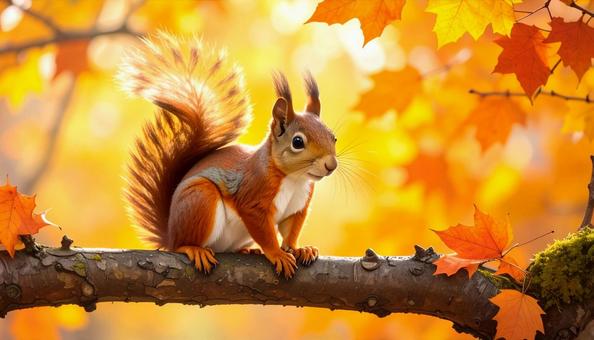 紅葉とリス 紅葉とリスの写真