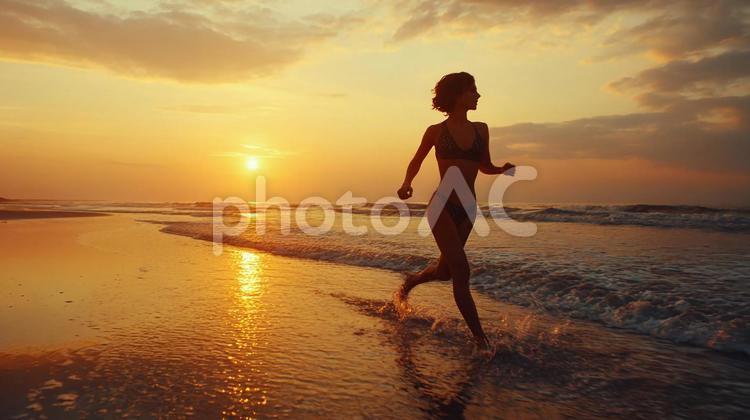 光り輝く水辺のジョギング 女性,水着,ランニングの写真素材