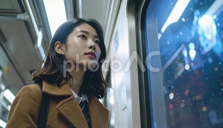 夜、電車内から外を見る日本人女性 車窓,電車,女性の写真素材