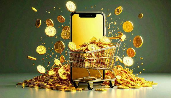 ビットコイン ショッピングカートと金貨 ビットコイン ショッピングカートと金貨の写真