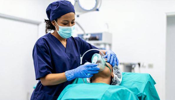 手術室で患者に全身麻酔を施す麻酔科医の写真