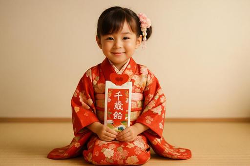 千歳飴を持って正座する女の子 千歳飴を持って正座する女の子の写真