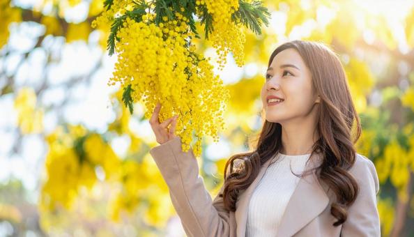 ミモザを鑑賞する日本人女性の写真