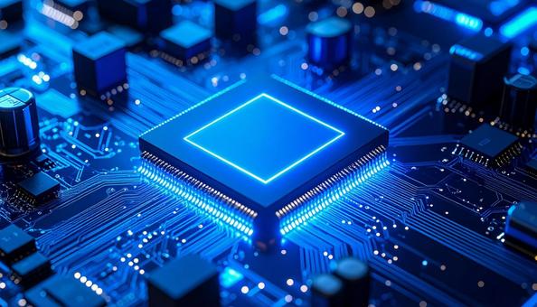 青く光る半導体チップの写真