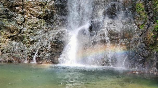 滝壺にかかる虹と清流　岩肌　水しぶき 滝,滝壺,虹の写真素材