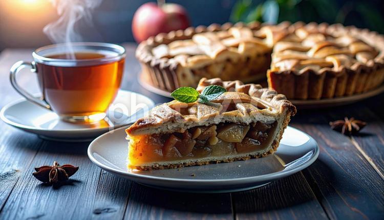 カットしてお皿に盛ったアップルパイと紅茶 アップルパイ,スイーツ,紅茶の写真素材