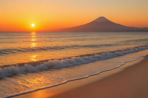 朝日の富士山と海岸 朝日の富士山と海岸の写真