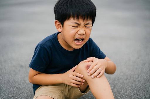 膝を擦りむいて痛がる男の子 膝を擦りむいて痛がる男の子の写真