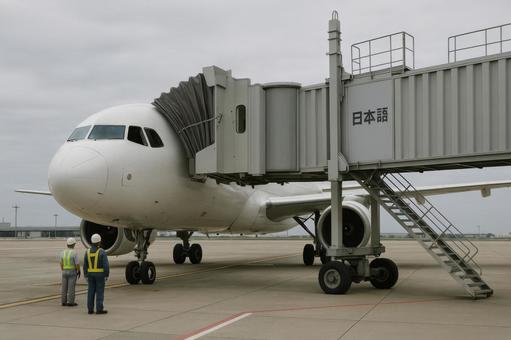 到着した飛行機に接近する搭乗ブリッジ 到着した飛行機に接近する搭乗ブリッジの写真