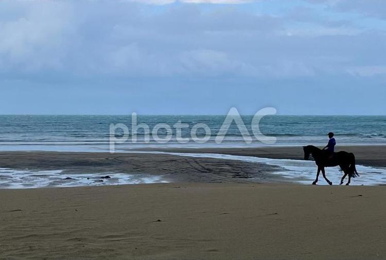 海のそばで馬に乗る男 動物,ビーチ,騎馬の写真素材