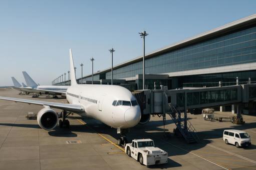 空港ターミナルに並ぶ飛行機たち 空港ターミナルに並ぶ飛行機たちの写真