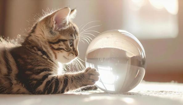 小さな冒険家:水晶玉に触れる子猫 小さな冒険家:水晶玉に触れる子猫の写真