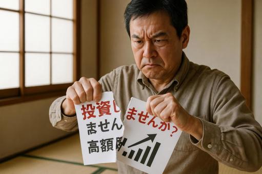 投資詐欺パンフ破る男性 投資詐欺パンフ破る男性の写真